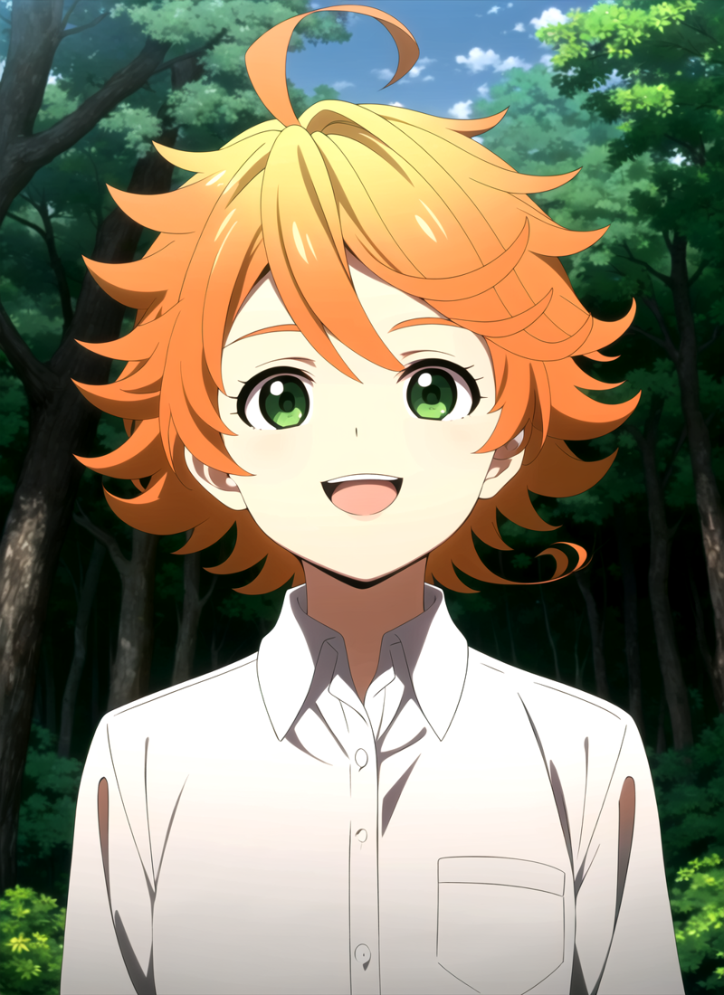 3978531223-3310753068-promisedNeverland , masterpiece, best quality, 1girl, shirt, green eyes, solo, forest, white shirt, number tattoo, nature, short.png